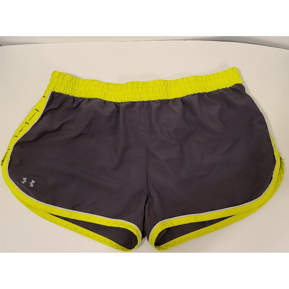 Womens Under Armour Running Shorts Size Large Gray and Neon Yellow Inner Pocket